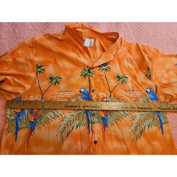 KY's Hawaiian Shirt Mens 3XL Orange Floral Macaw Parrot Cotton Made in USA - Picture 3 of 5